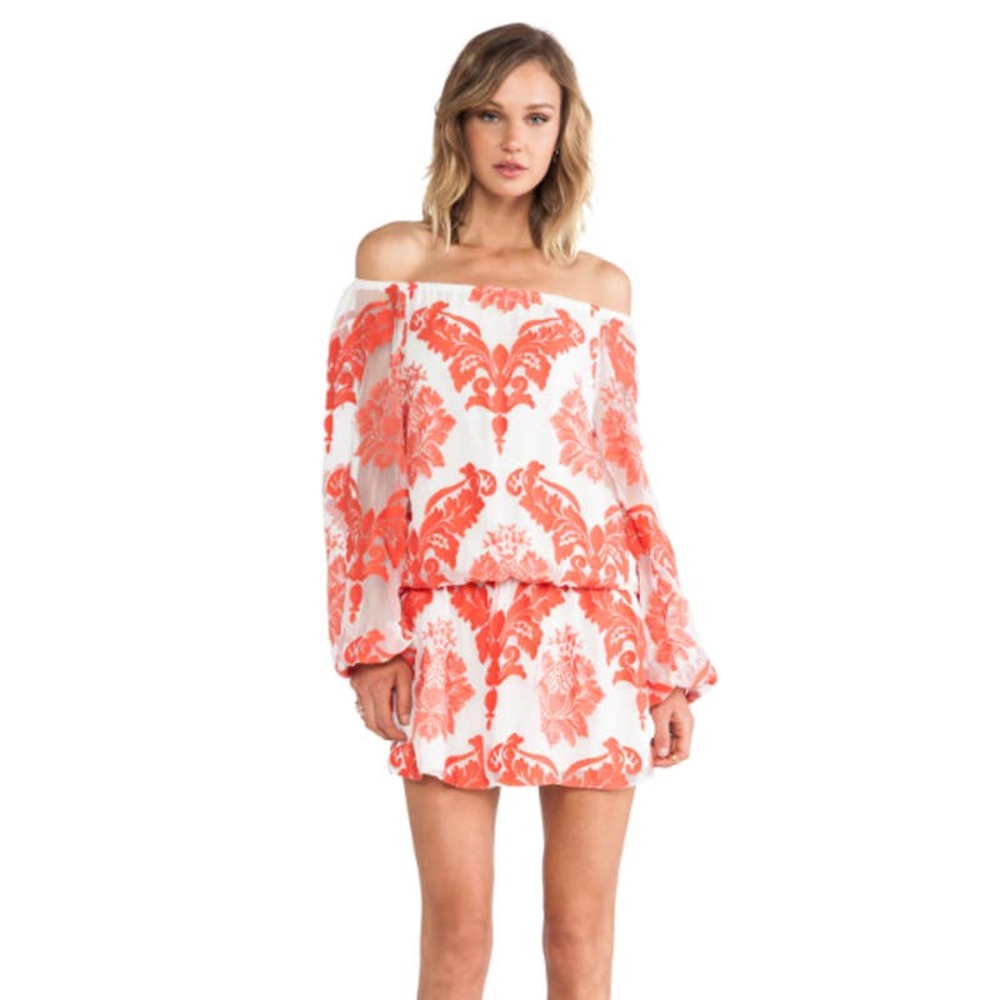 Alexis Rocco Off The Shoulder Mini Dress 100% Silk Red Orange Embroidery Size XS